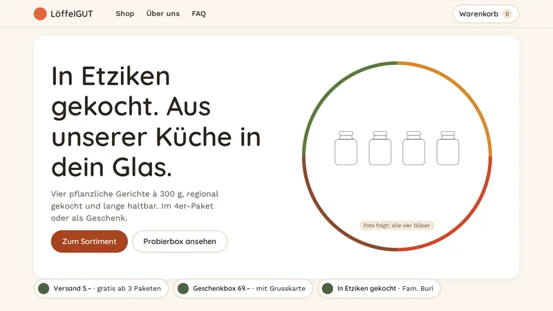 Startseite von LöffelGUT: «In Etziken gekocht. Aus unserer Küche in dein Glas.» mit Knopf «Zum Sortiment»