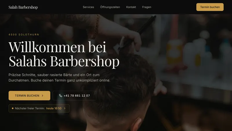 Startseite von Salah Barbershop: «Willkommen bei Salahs Barbershop», Knopf «Termin buchen» und der nächste freie Termin